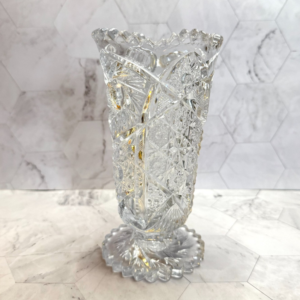 Vintage Flower Vase 7" Whirling Hobstar Fan Imperial Glass Mid-Century Clear EUC